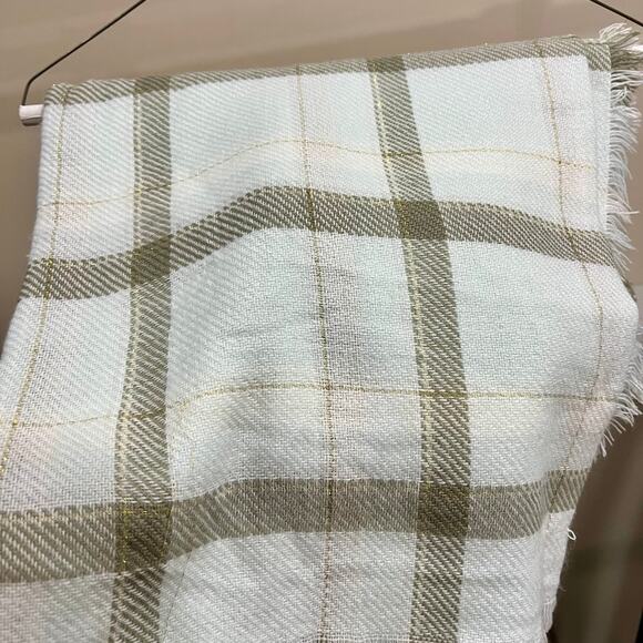 Blanket scarf, shawl, and wrap. Pastel mint, white, grey, and light pink plaid. - Picture 6 of 7